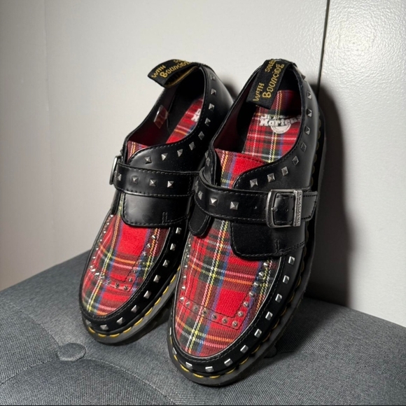 Dr. Martens Black and Red Plaid Studded Loafers Mens Size 9